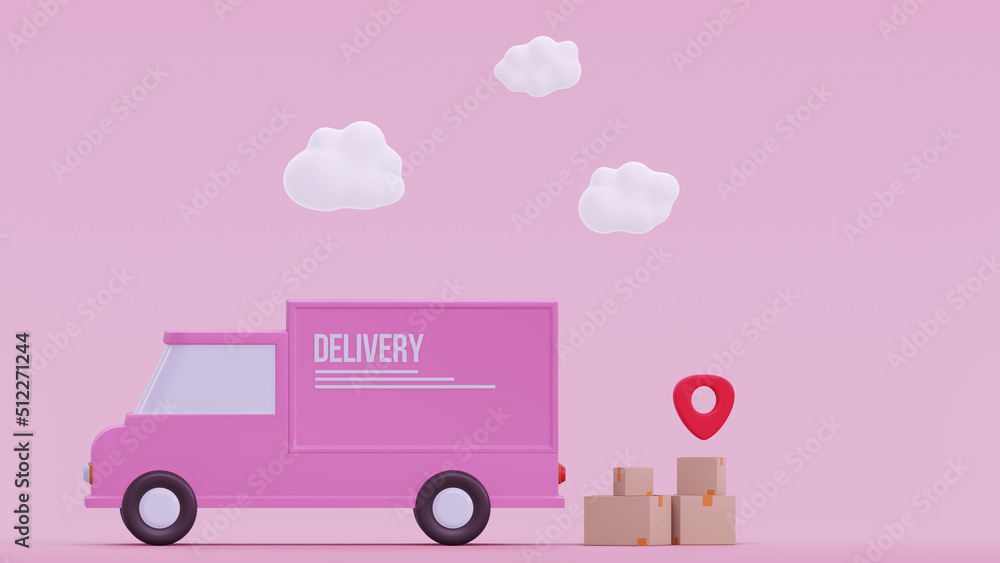 Fototapete Concept delivery car paper boxes. Shipment delivery by truck and Pin pointer mark location delivery transportation logistics concept on pink background 3d rendering illustration