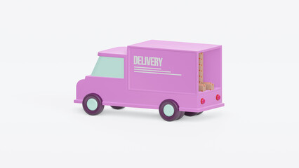 Concept shipping auto delivery. Pink delivery car deliver express with cardboard boxes cartoon shipping and transportation concept on white background. 3d render