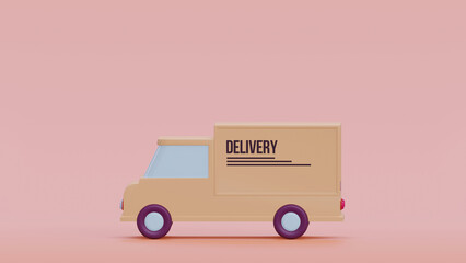 Concept shipping auto delivery. Yellow lemon delivery car deliver express with cardboard boxes cartoon shipping and transportation concept on orange background. 3d render