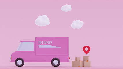 Concept delivery car paper boxes. Shipment delivery by truck and Pin pointer mark location delivery transportation logistics concept on pink background 3d rendering illustration