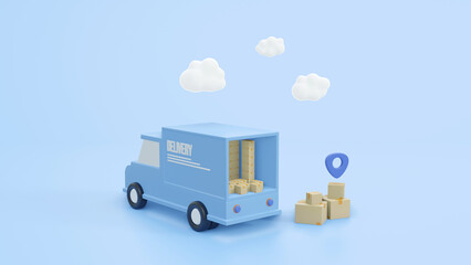 Concept delivery car paper boxes. Shipment delivery by truck and Pin pointer mark location delivery transportation logistics concept on blue background 3d rendering illustration - obrazy, fototapety, plakaty