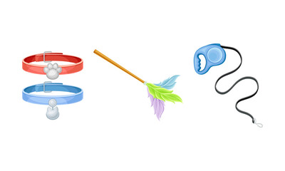 Dog collars and retractable leash, stick with colored feathers. Pet supplies and accessories set cartoon vector illustration