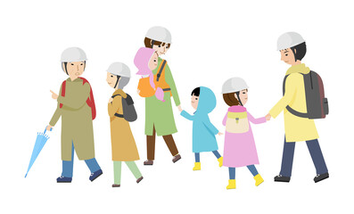 ヘルメットをかぶって避難所へ向かう家族