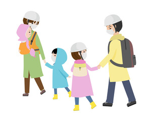 ヘルメットをかぶって避難所へ向かう若い家族（マスク）
