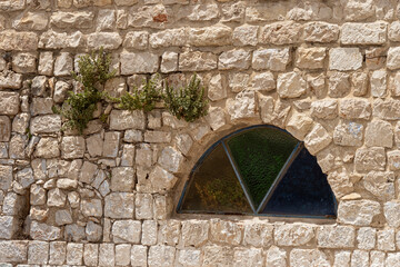 plants grow in cracks in an ancient limestone wall in Safed Tsfat in Israel next to a half circle window with colored glass triangles