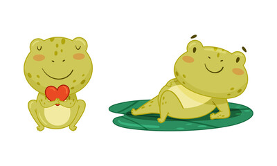 Green funny frog characters set. Cute happy toad amphibian animal cartoon vector illustration