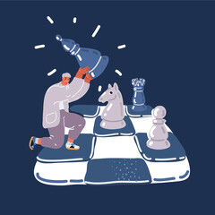 Cartoon vector illustration of man playing chess, thinking about business strategy