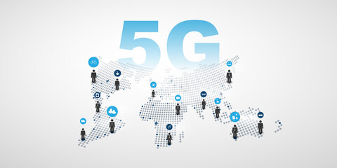 Rising 5G Network Label with 3D World Map, People and Icons - High Speed Broadband Mobile Telecommunication and Wireless Internet Design, New Cutting Edge Global Mobile Technology Concept