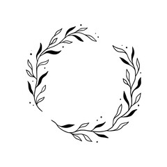 Fototapeta na wymiar Floral circle frame, elegant wreath round border. Hand drawn doodle sketch style. Floral drawing frame, flourish design element for wedding, greeting card. Vector illustration.