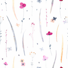 Watercolor seamless pattern with wild flowers. Summer background. Pastel colors. Vintage background.