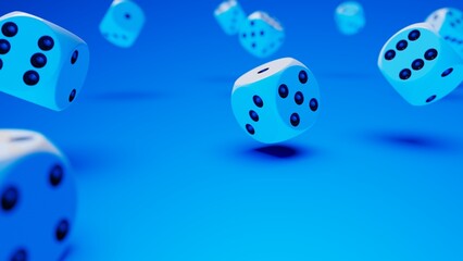 Rolling white-black dices under 
blue lighting background. Conceptual 3D illustration of establishment statistics, business opportunities, life crossroads and horse race gambling.