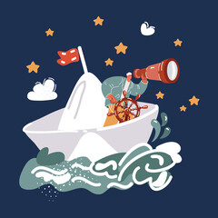 Cartoon vector illustration of Businessman Leader looking through a telescope and sail in paper ship