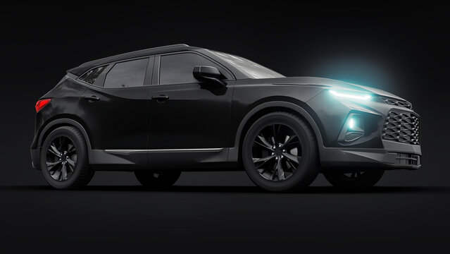 Dallas. USA. July 21, 2021. Chevrolet Blazer 2021. Black ultra-modern SUV with a catchy expressive design for young people and families. Black background. Bright glowing headlights. 3d illustration.