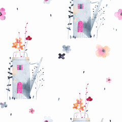 Cute lilliputian house among the flowers. Watercolor seamless pattern. Perfect for fabric, textile, wallpaper.