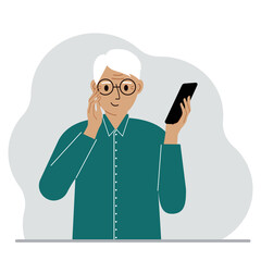 A man looks at a mobile phone. A man happily looks at the phone he holds in his hand. Vector