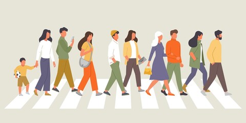 pedestrian crossing. people walking street male and female characters moving on legs. Vector people set