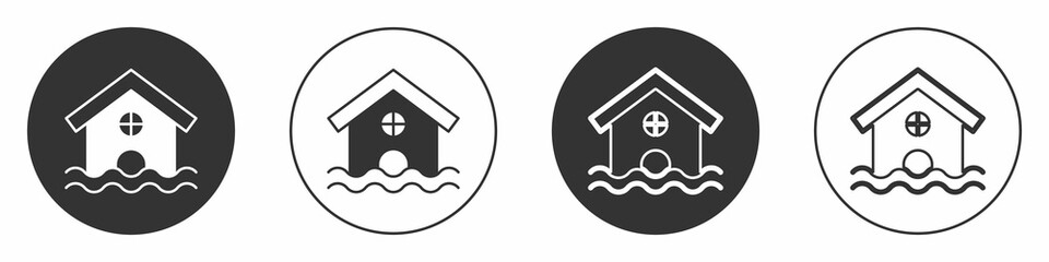 Black House flood icon isolated on white background. Home flooding under water. Insurance concept. Security, safety, protection, protect concept. Circle button. Vector