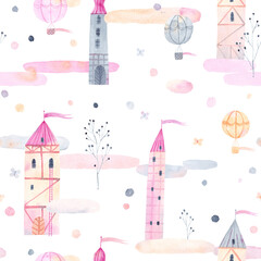 Fairy towers in the clouds seamless pattern. Watercolor background. Perfect for fabric, textile, wallpaper.