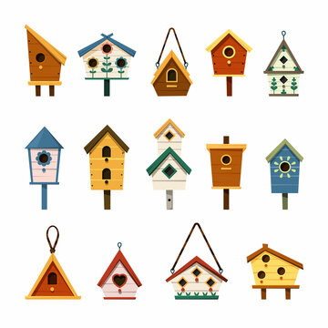 birdhouse. roofing wooden house for birds flying chirps sparrows. Vector flat illustrations