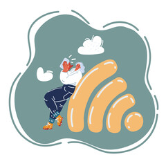 Vector illustration of People in free internet zone, big wifi sign. Free wifi hotspot, wifi bar, public assess zone, portable device concept. Man look at her phone