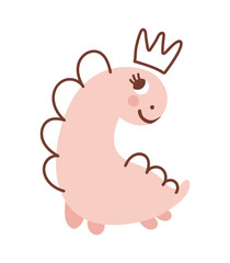 Vector cute baby girl Dinosaur with crown on head. Hand drawn princess sweet cool dino illustration for nursery t-shirt, kids apparel, invitation, simple scandinavian child design