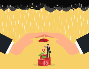 Financial savings insurance, Money tree under an umbrella. Giant businessman protecting from rainstorm