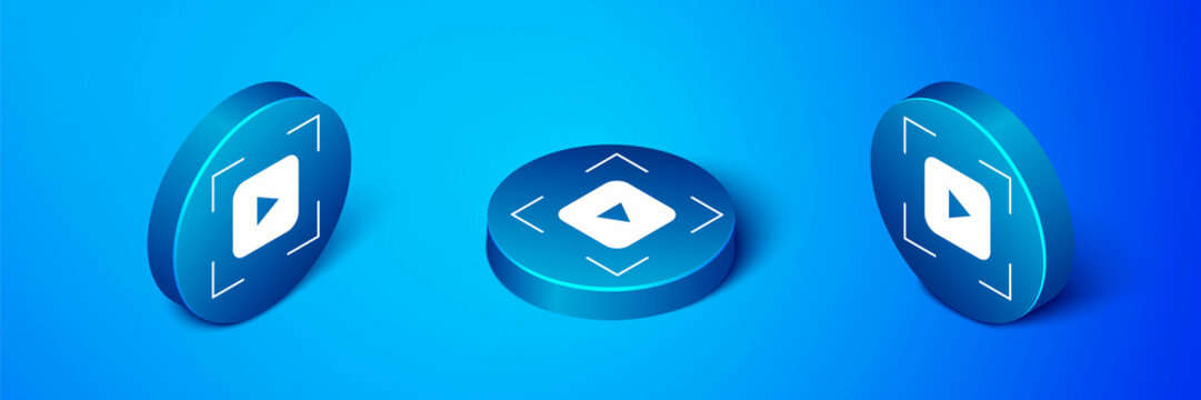 Isometric Camera focus frame line icon isolated on blue background. Blue circle button. Vector