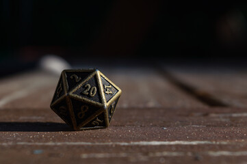 Close-up image of a metallic d20 in the sun