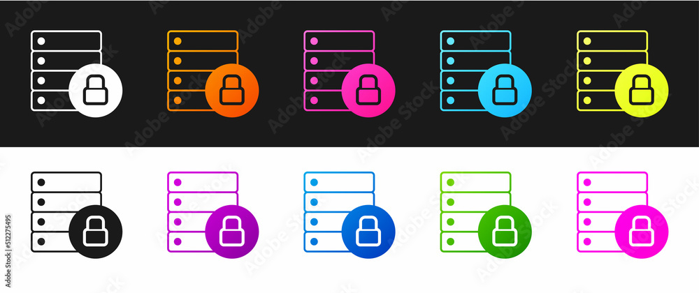 Aufkleber set server security with closed padlock icon isolated on black and white background. database and lo