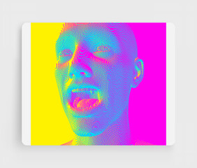 Portrait of screaming man with wide open mouth. Shock and awe. Full of emotions. Voxel art. 3D vector illustration.
