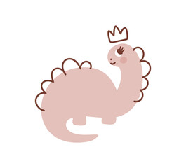 Vector cute baby girl Dinosaur with crown on head. Hand drawn princess sweet cool baby illustration for nursery t-shirt, kids apparel, invitation, simple scandinavian child design