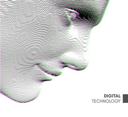 Portrait of smiling man. Abstract digital human head constructing from cubes. Technology and robotics concept. Voxel art. 3D vector illustration for presentations, flyers or posters.