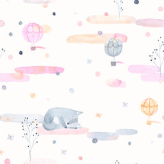 Watercolor background. Cute seamless pattern of wolf, clouds, balloons, butterflies and colored spots. Perfect for fabric, textile, wallpaper.