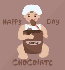 happy chocolate day. a picture of a child with a jar of chocolate paste