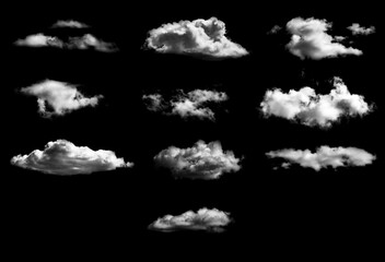 Set of white clouds on a black background for overlay.