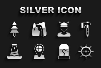 Set Location flag Iceland, Wooden axe, Ship steering wheel, Christmas mittens, Lighthouse, Viking head, Tree and Waterfall icon. Vector