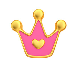 Gold and pink royal crown with heart. Princess crown icon