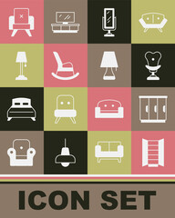 Set Wardrobe, Armchair, Big full length mirror, Rocking, Floor lamp, and Table icon. Vector
