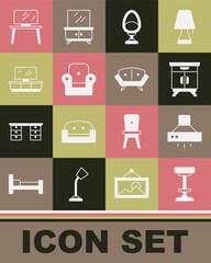 Set Chair, Kitchen extractor fan, Furniture nightstand, Armchair, TV table, and Sofa icon. Vector