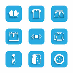 Set Bow tie, Waistcoat, Sewing button for clothes, Sweater, Tie, Skirt, Short pants and Christmas mittens icon. Vector