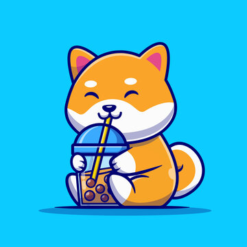 Cute Shiba Inu Dog Drink Milk Tea Boba Cartoon Vector Icon Illustration. Animal Drink Icon Concept Isolated Premium Vector. Flat Cartoon Style
