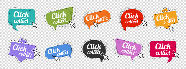 Click And Collect Concept Speech Bubbles - Different Colorful Vector Illustrations Isolated On Transparent Background