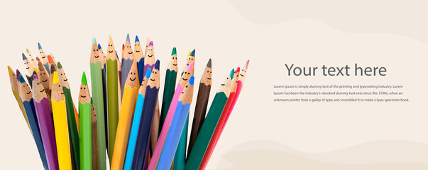 Diversity inclusion and equality concept. Group of smiling pencils representing men and women of different culture. Multicultural people concept.Racial equality.Banner copy space.Community