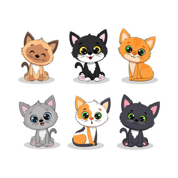 Set of cute cartoon kittens on a white background.Little cats.Vector illustration