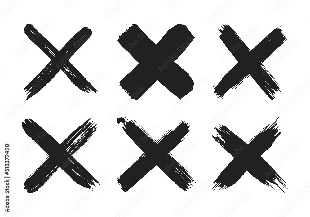 Poster dirty grunge hand drawn with brush strokes cross x vector illustration icon set. cross mark wrong sy