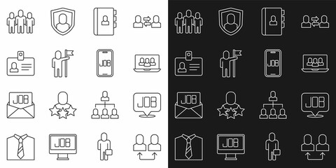 Set line Exchange work, Search job, Project team base, Resume, Man holding flag, Identification badge, and icon. Vector