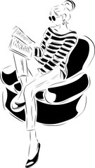 ソファでリラックスして読書する女性　線画