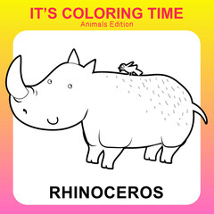 Colouring sheet for children. Printable page for learning. Vector illustrations. coloring page for kids animal edition. Rhinoceros cartoon