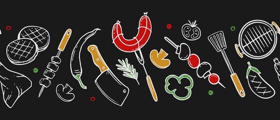 Horizontal pattern with grill and barbecue elements for restaurant bar cafe menu on black background Vector illustration of doodles - obrazy, fototapety, plakaty