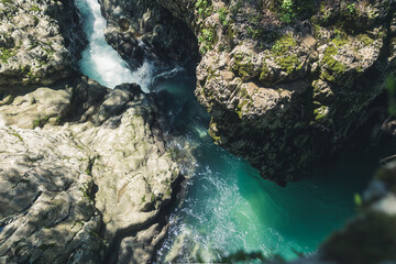 Naklejka na ściany i meble closeup aerial view of Martvili Canyon near Kutaisi, Georgia. High quality photo